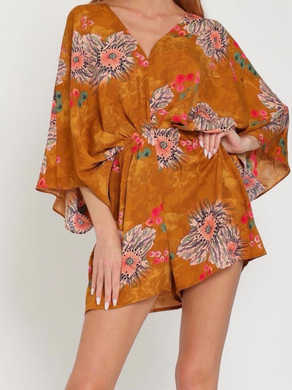 Aakaa Mustard Floral Kimono-Style Romper